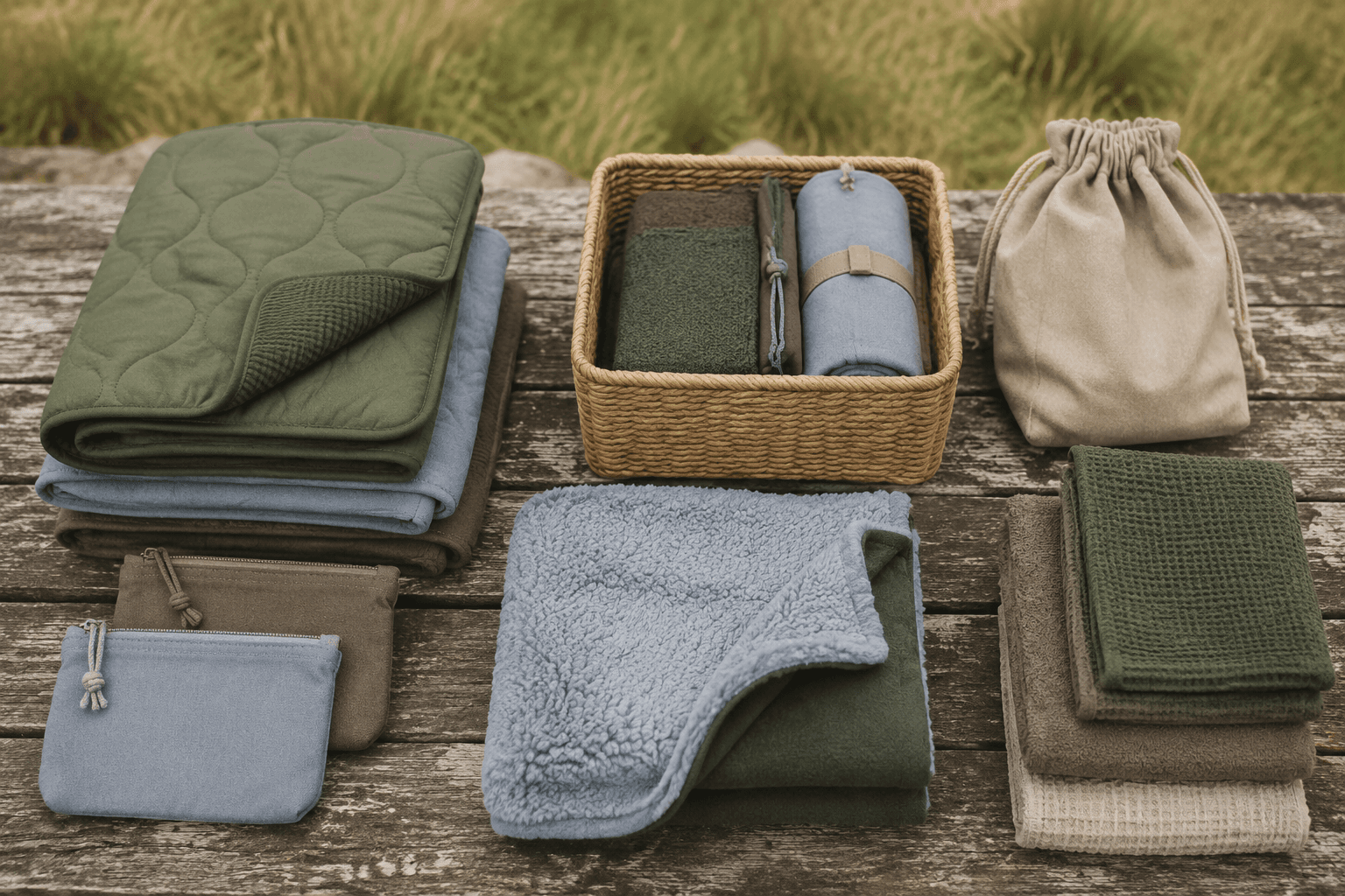A collection of folded mats, pouches, towels and a woven basket